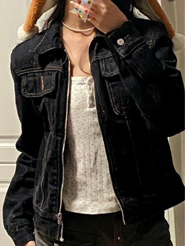 Luvik | Musta Denim Leppäkosketin Vetoketjupaita Lyhyt Takki