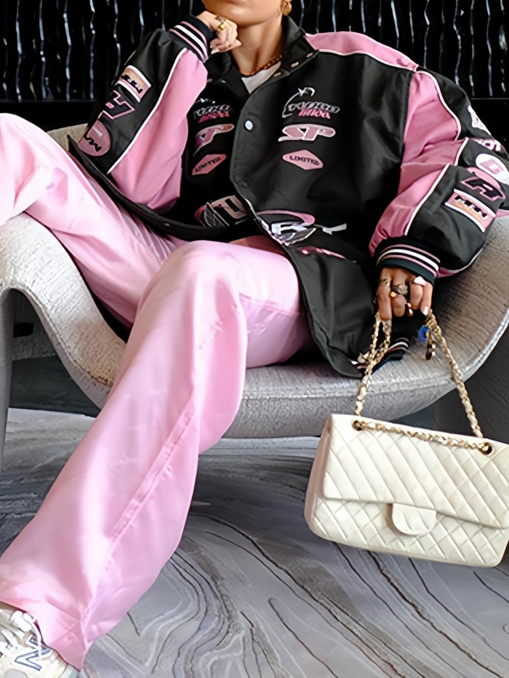 Luvik | Musta Vaaleanpunainen Raglan Moto Takki, jossa Tulostettu Slogan