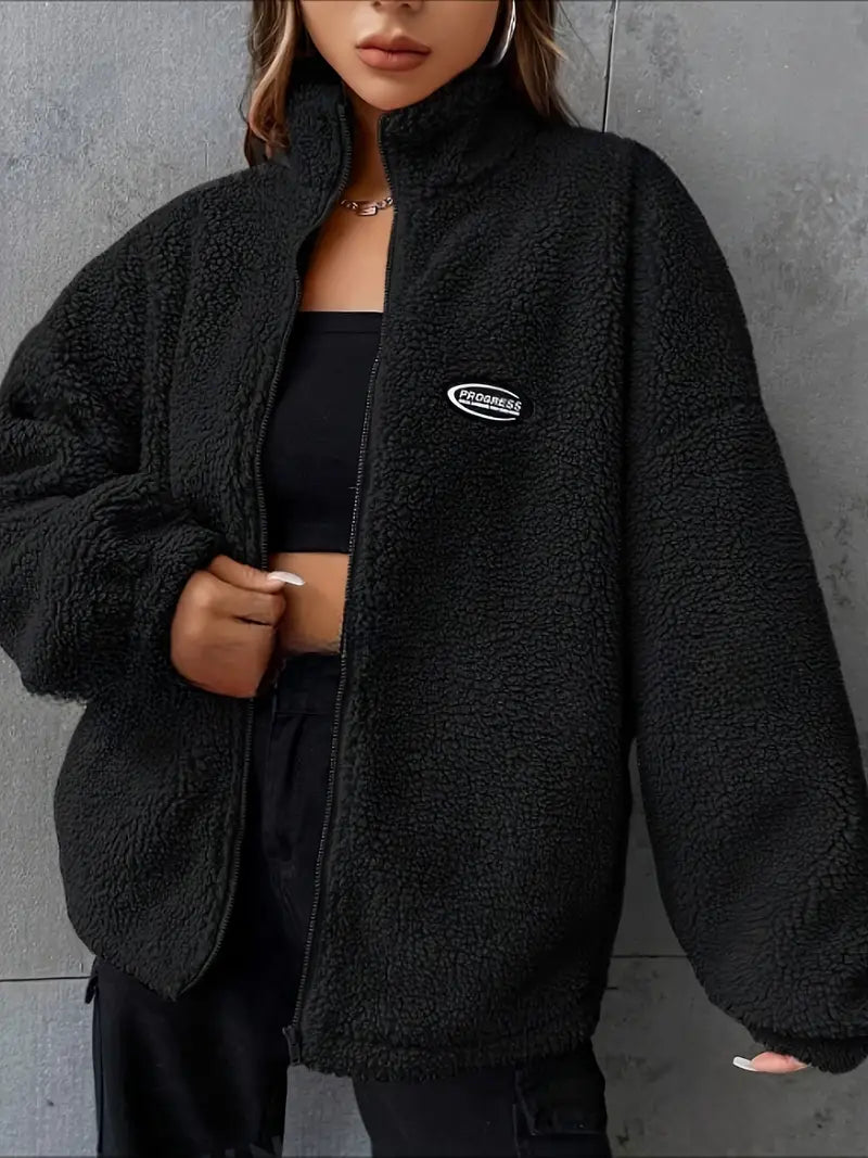 Luvik | Loose fit teddy jacket with zipper, stylish drop sleeves