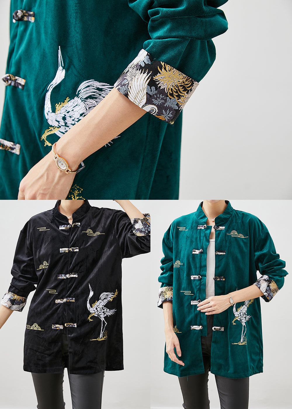 Luvik | Vihreä silkkiveluuritakki, jossa brodattuja kiinalaisia nappeja