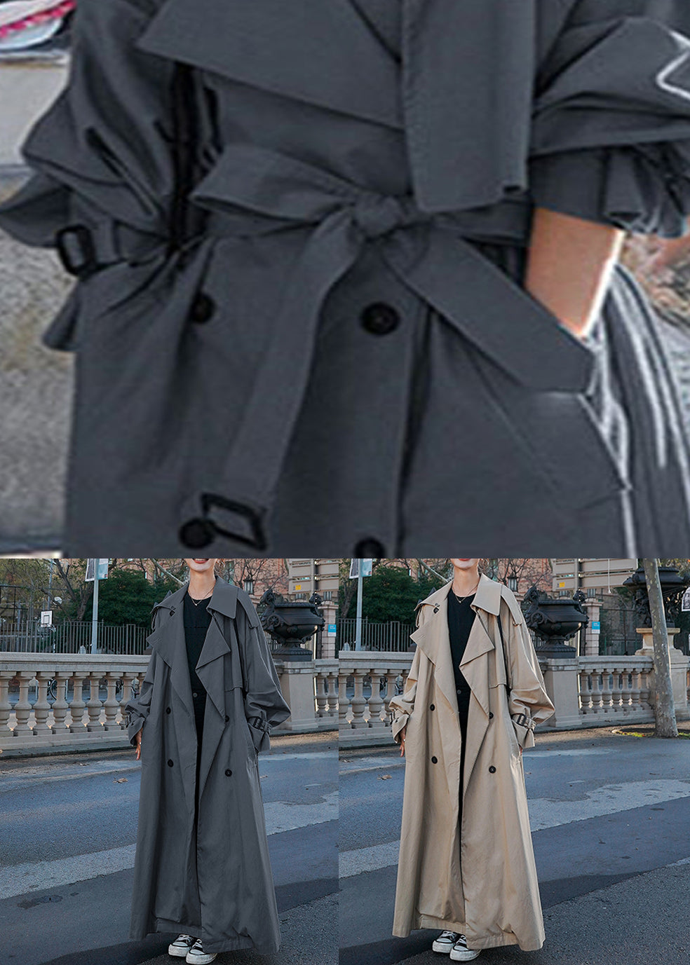 Luvik | Khaki Peter-Pan-kaulus Taskut Solmittava Raita Puuvilla Pitkät Takit