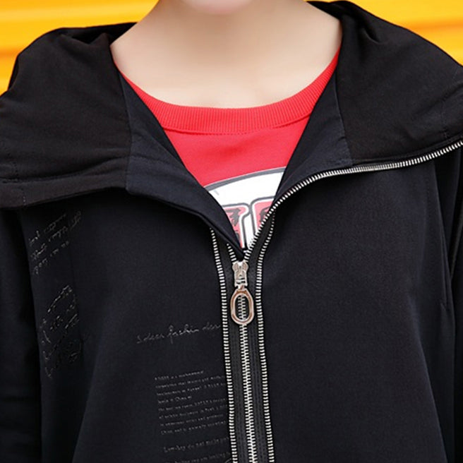 Luvik | musta takki suurikokoinen hupparitakki muoti vetoketjulla pitkä naru takit