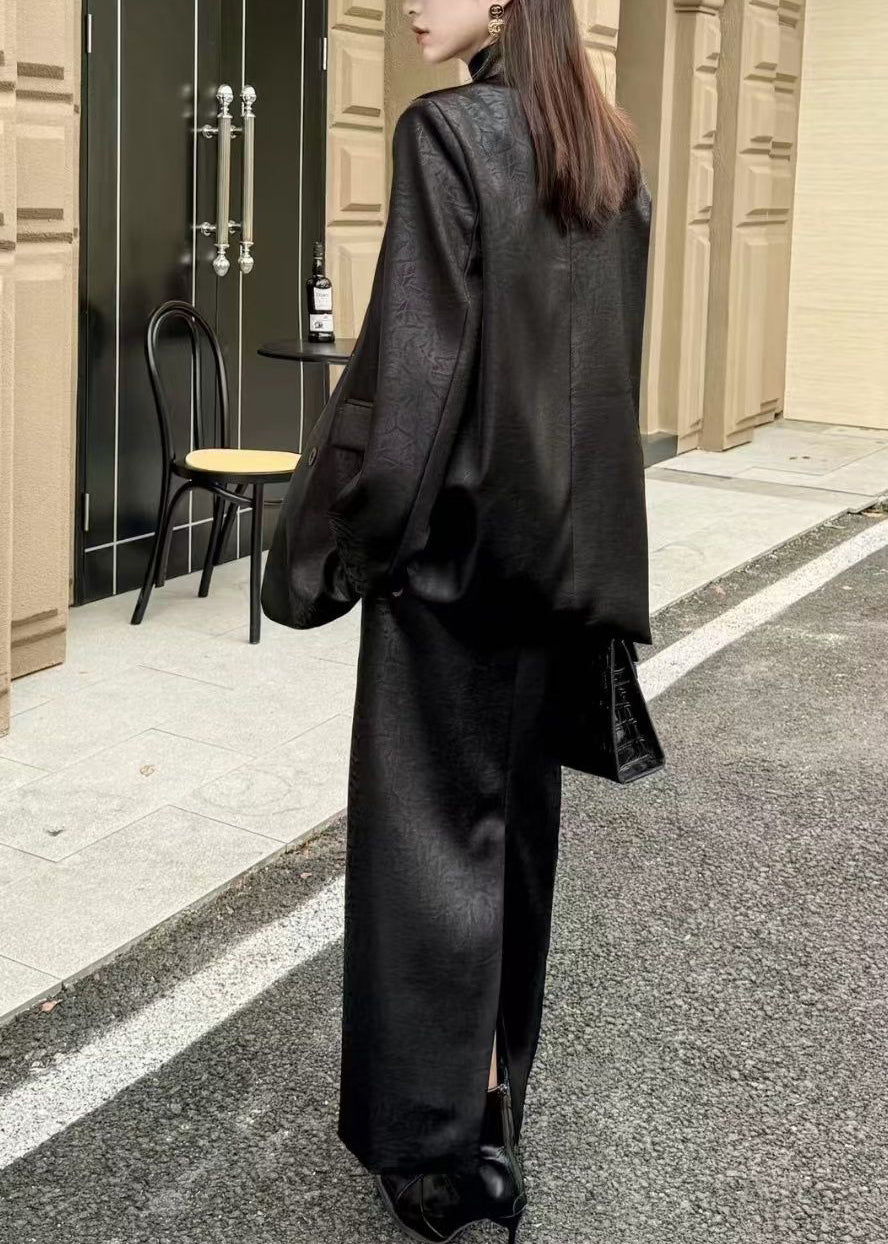 Luvik | Terävähelmaiset mustat satiinitakit ja maksihameet Kaksiosainen asuste