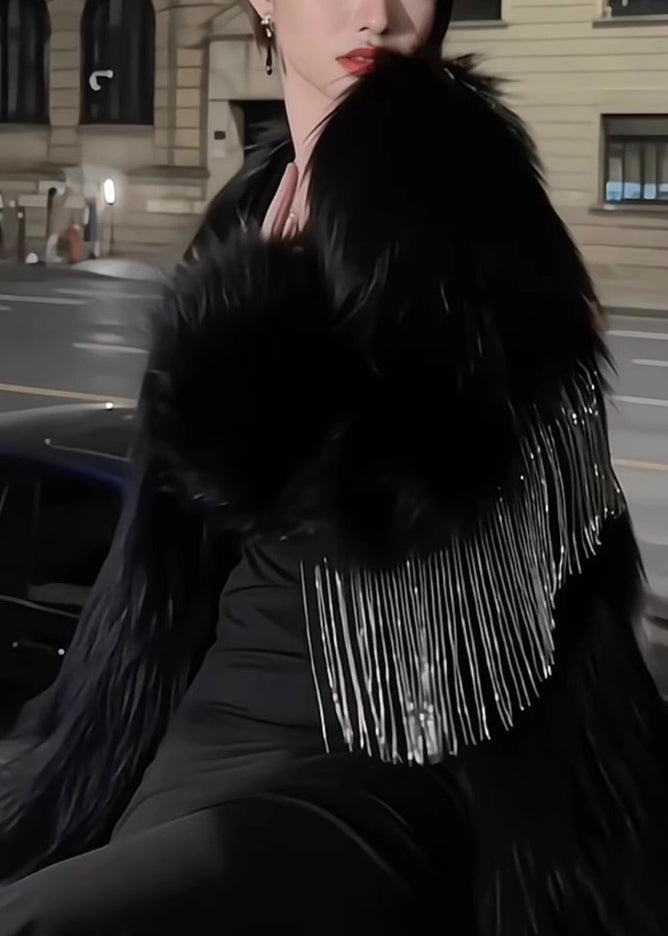 Luvik | Musta fringe-patchwork-takki V-aukolla