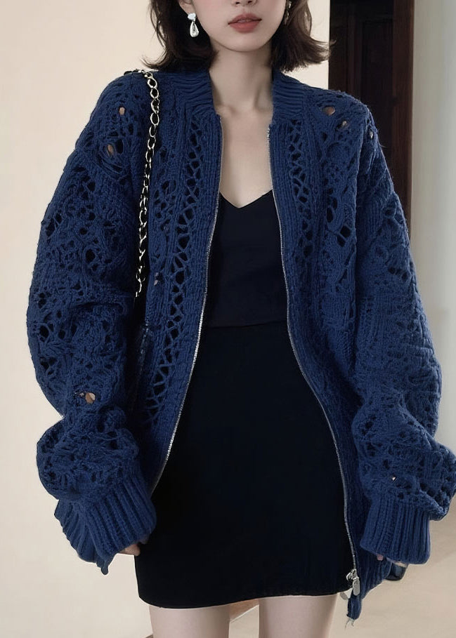 Luvik | Sininen puuvillasta valmistettu palapelitakki O-kauluksella ja pitkät hihat vetoketjulla