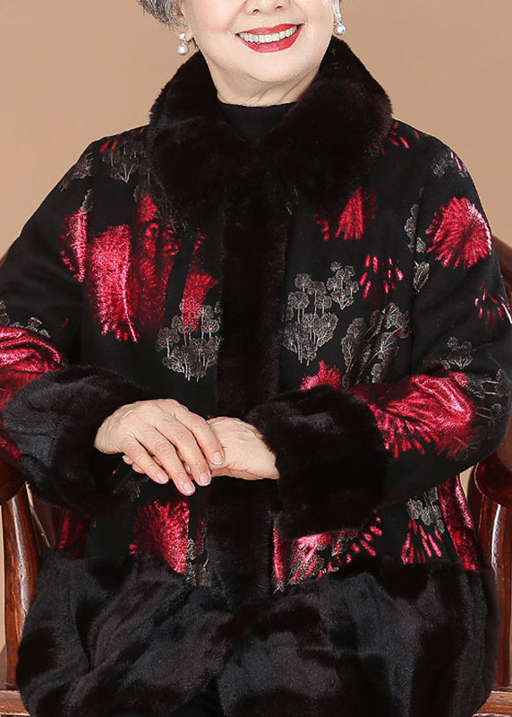 Luvik | Punainen karvakaulus Painettu Mink Sametti Paksut Takit