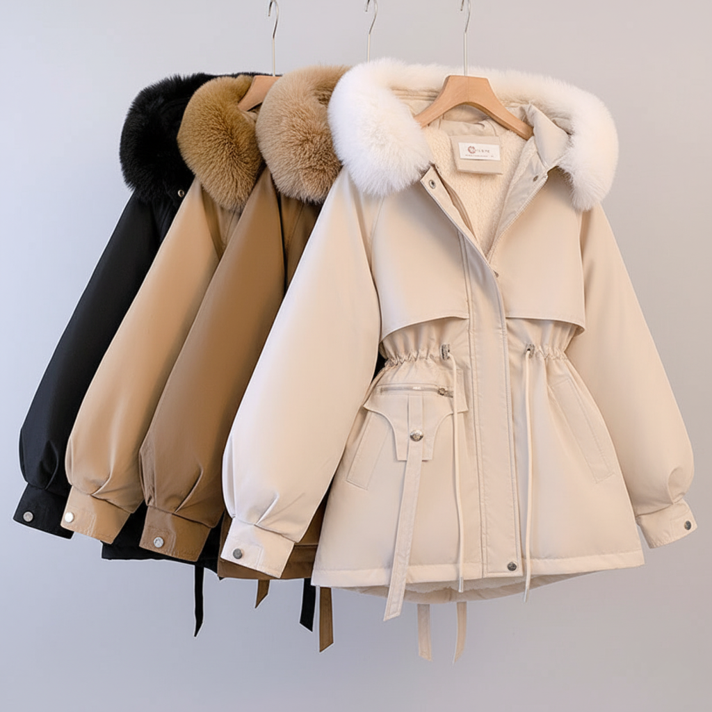 Naisten parka tekoturkishupulla & säädettävällä vyötäröllä | Suuret koot