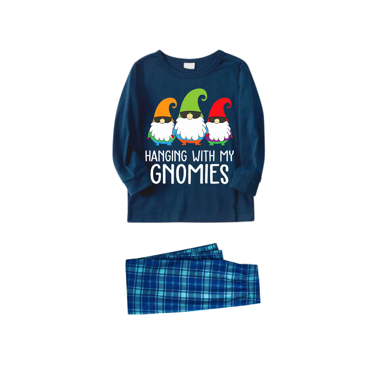 Luvik | Three Santas "HANGING WITH MY GNOMIES" Monogram Print Blå Langermet Skjorte Blå & Grønne Rutete Bukser Til Familien Passende Pysjamas
