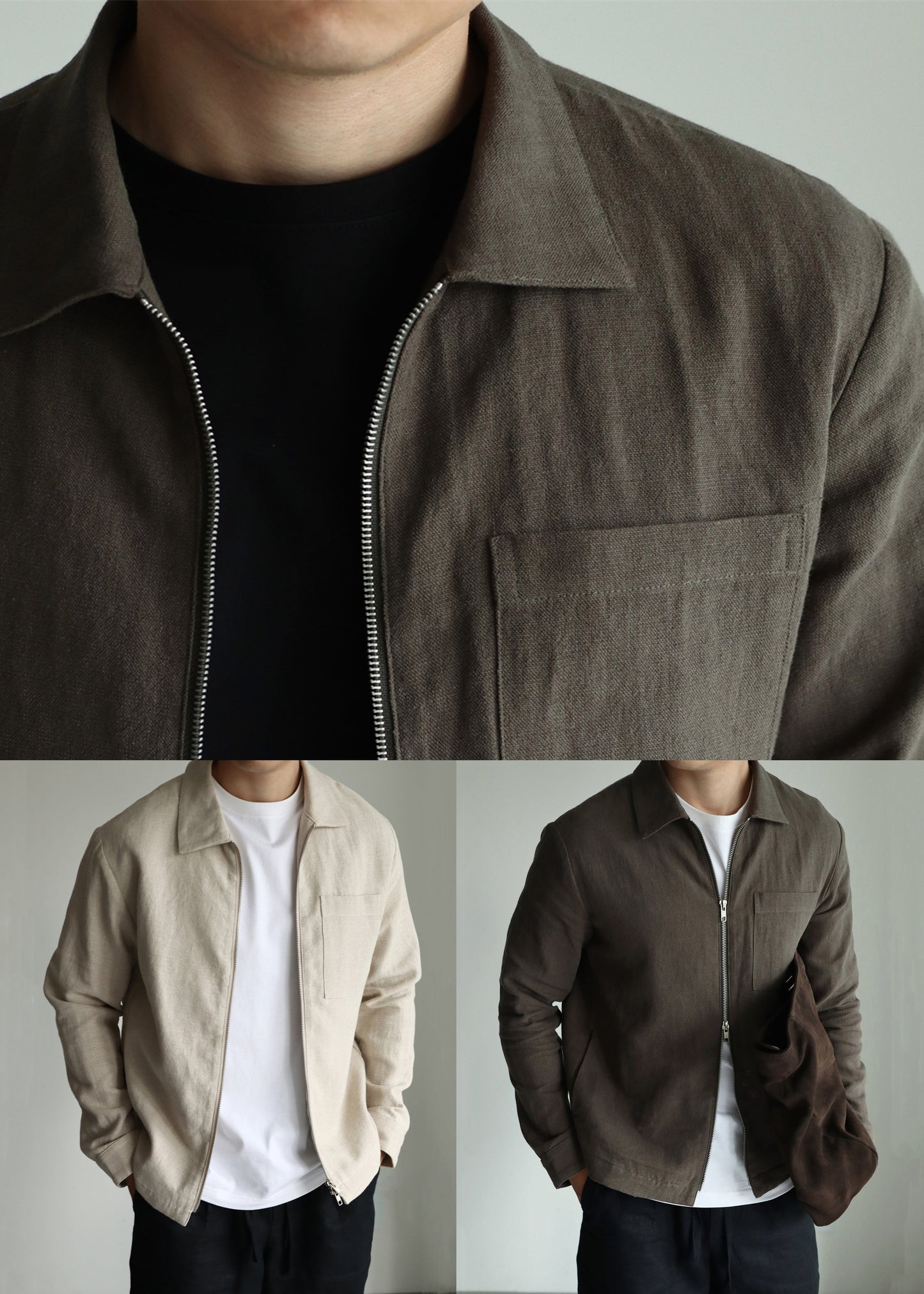 Luvik | Miesten yksivärinen pellavapusero khaki-nauhoilla, vetoketjulla ja Peter Pan -kauluksella