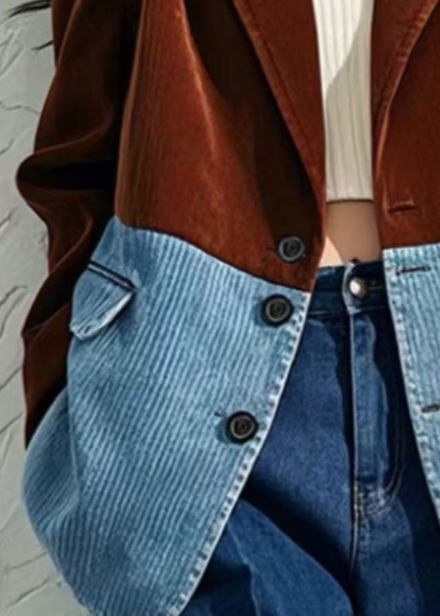 Luvik | Korkeavyöttöinen ruskea ruutukuosisella samettitakki napilla