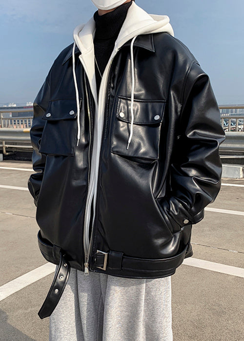 Luvik | Miesten synteettisestä nahasta valmistettu musta patchwork-takki, jossa huppu, feikkikaksi-osainen