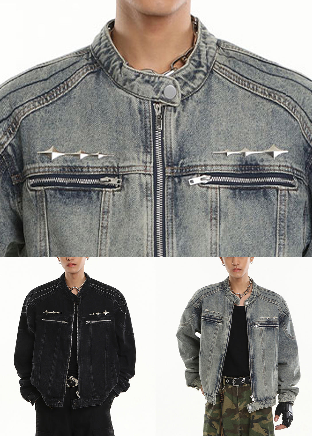 Luvik | Mustat farkkutakit miehille korkealla kauluksella, vetoketjulla ja taskuilla