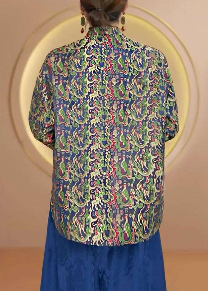 Luvik | Korkeakauluksinen Painettu Kiinalainen Nappitakki Silkkistä