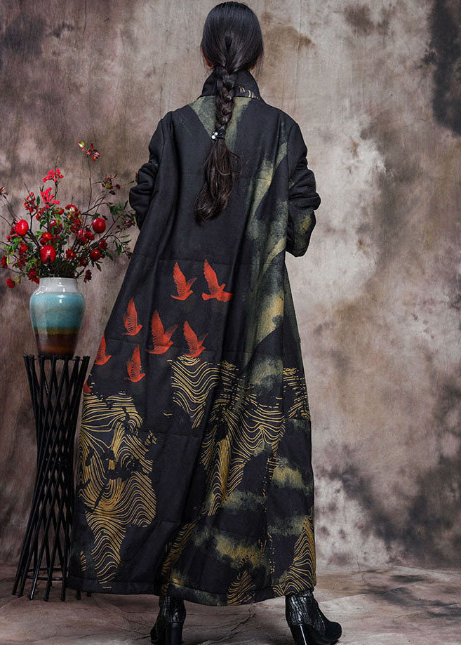 Luvik | Villakangas toppatakit ohuita puuvillaa suurilla printtipusseilla mustalla korkealla kauluksella talvi