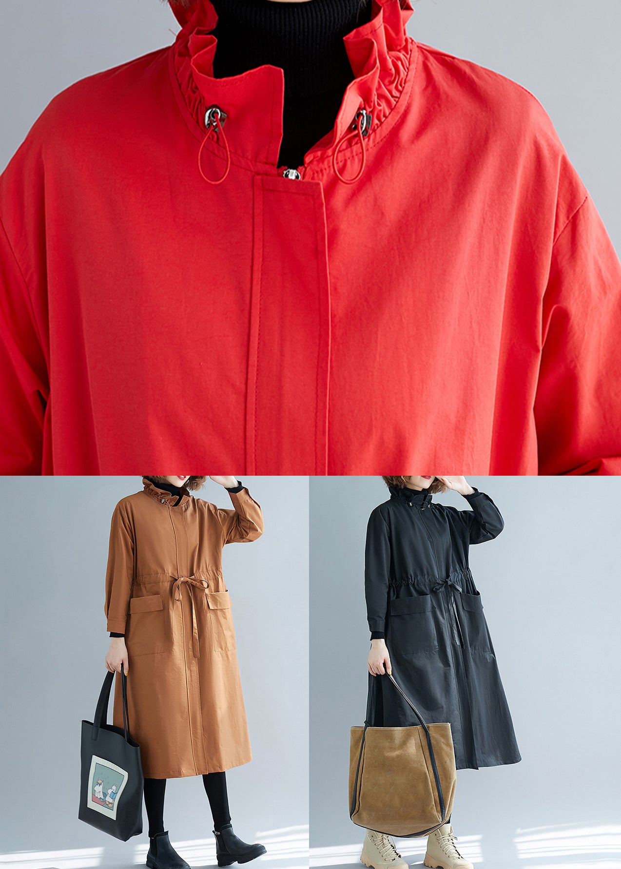 Luvik | Karamelli korkeakauluksinen nauhat patchwork puuvilla trench-coatit