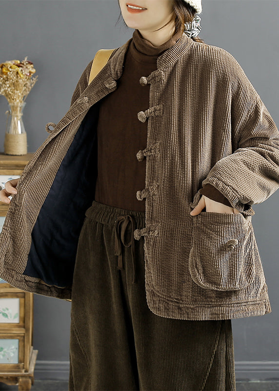 Luvik | Ruskea kiinalainen corduroy-takki nappitaskuilla