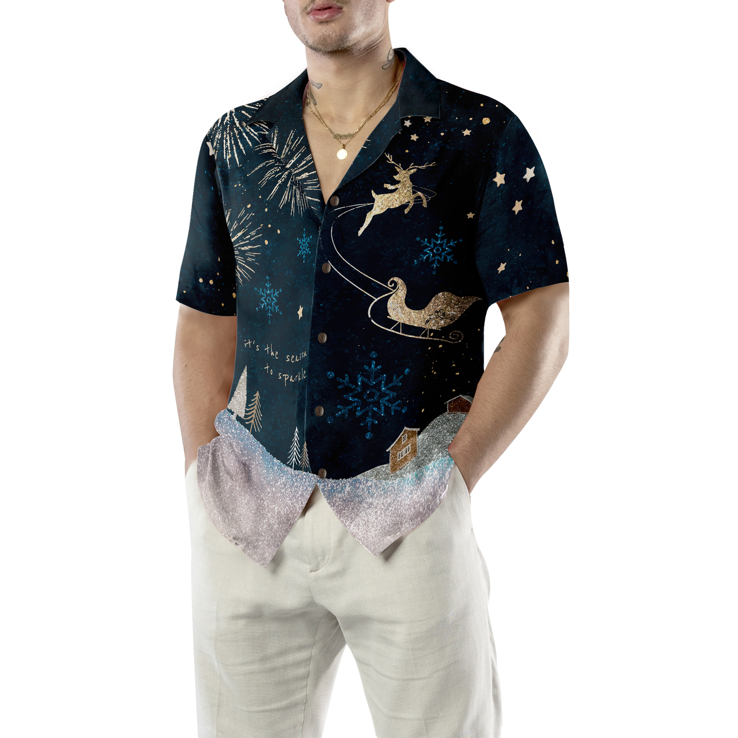 Luvik | Hyperfavor Jouluhawaiipaitoja, lyhythihainen paita tummasta lumiolennaisesta, joululahjaidea miehille ja naisille