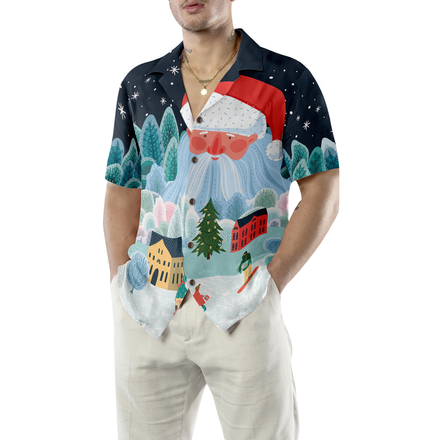 Luvik | Hyperfavor Noël Miesten ja naisten hawaijipaidat, Santa Tower -napillinen hawaijipaita Lyhythihainen paita