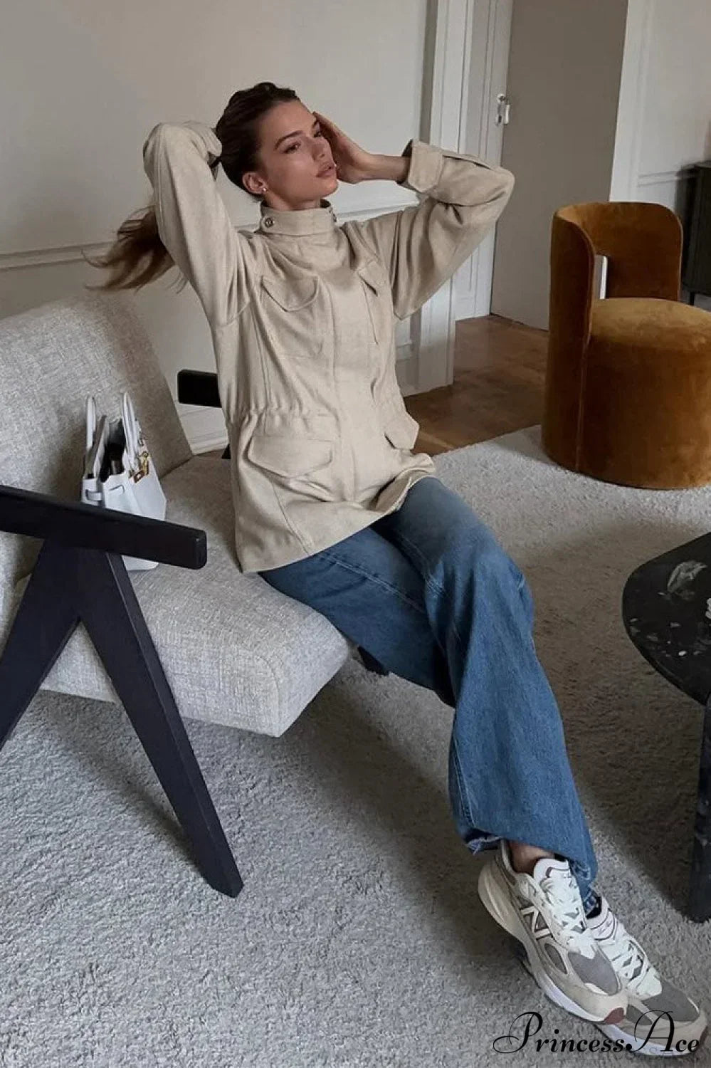 Luvik | Yksivärinen Kauluksellinen Elastinen Vyötärö Pitkähihaiset Trench-takki