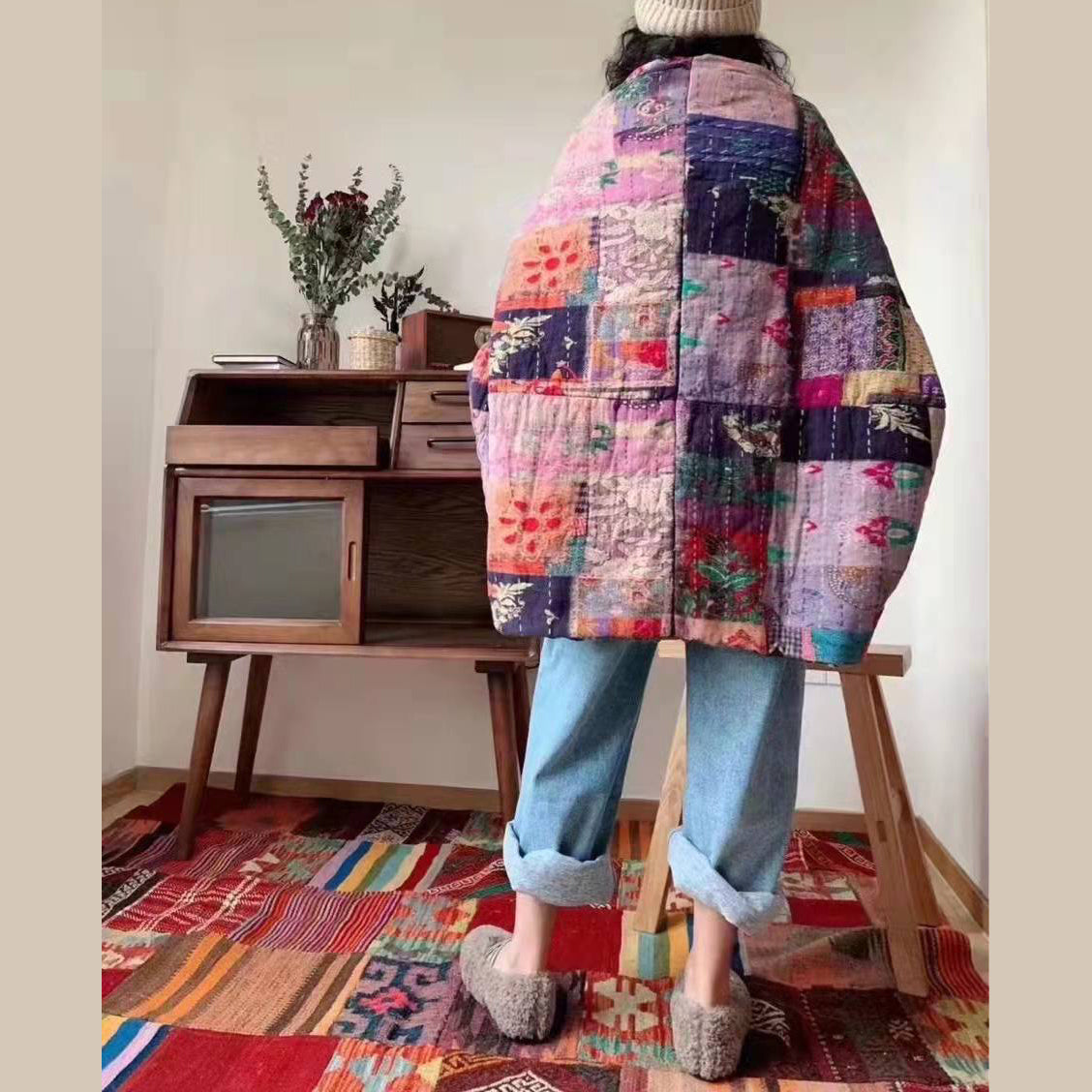 Luvik | Tulostaa Ulkovaatteet Suurempi koko Lumitakit Patchwork V-kaula-aukko Takki