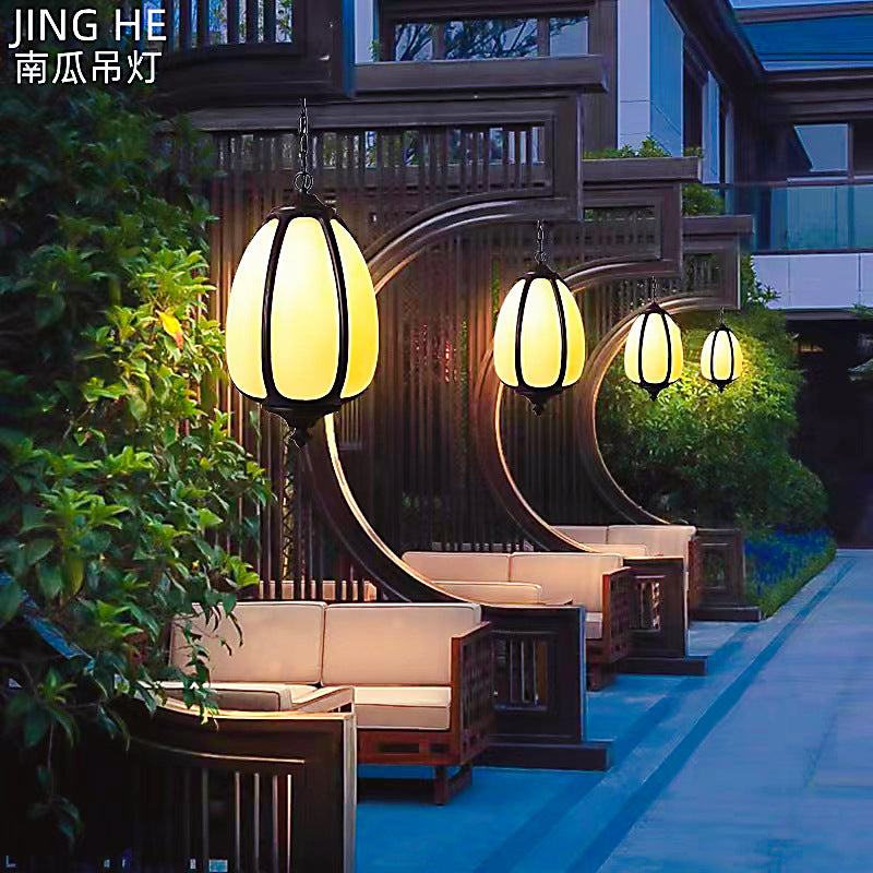 Tradisjonell kinesisk vanntett aluminium PC dolomitt elliptisk gresskar 1-lampe pendellampe for utendørs terrasse | Luvikno
