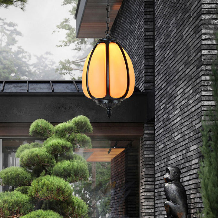 Tradisjonell kinesisk vanntett aluminium PC dolomitt elliptisk gresskar 1-lampe pendellampe for utendørs terrasse | Luvikno