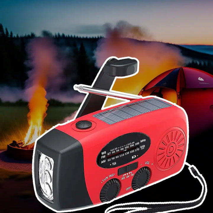 Nød radio FM/AM med integrerte solceller, lommelykt, powerbank & håndsveiv | Luvikno