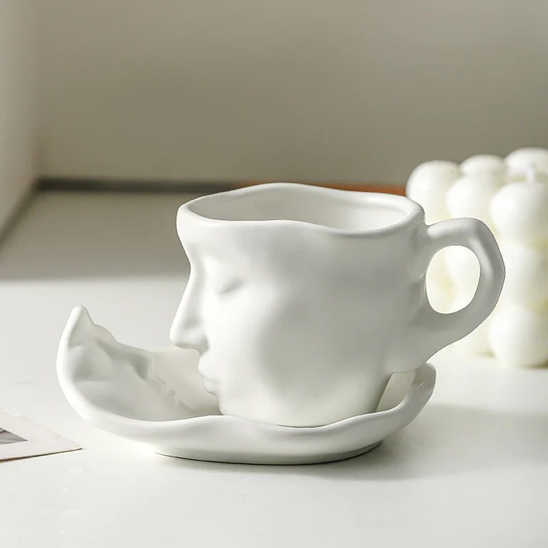Metall Berørende Ansikt Kreativ Keramikk Kyss Kaffe Kopp, Kunstnerisk Stemning Mugge & Underkop Sett | Luvikno