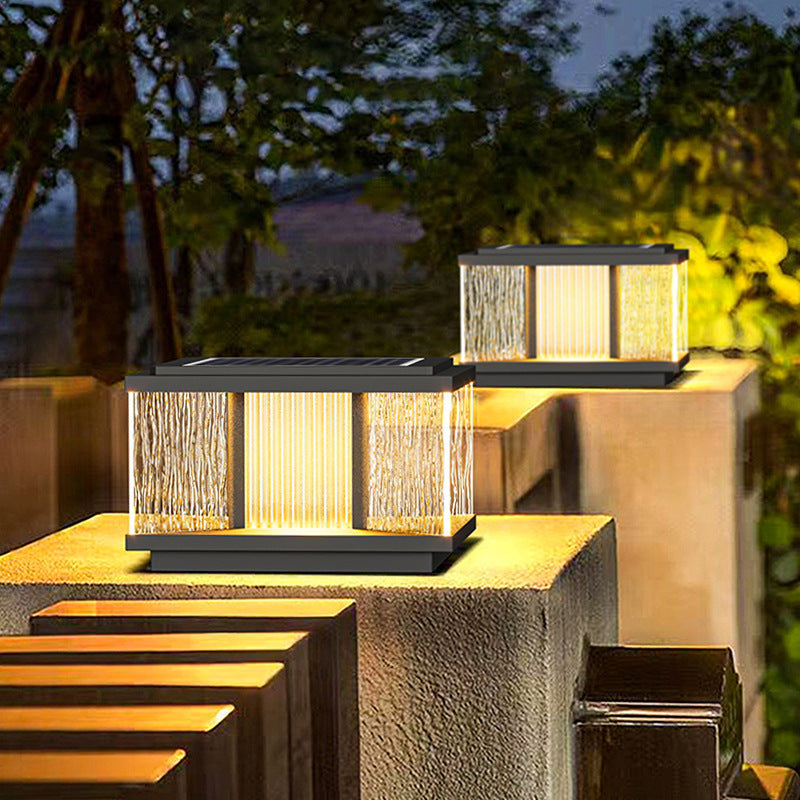 Moderne Enkelhet Aluminium Firkantet Vannbølget Glass LED Vanntett Sol Post Lampe Plen Lys For Hage | Luvikno