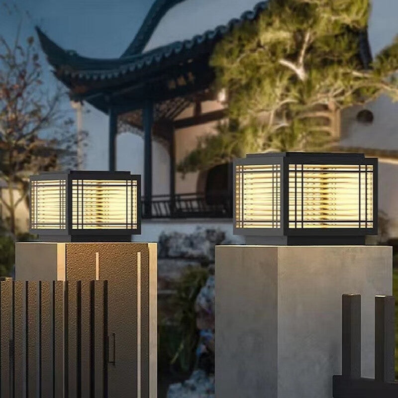Tradisjonelt kinesisk kvadrat aluminium glass 1-lampe post hode lys for hage | Luvikno