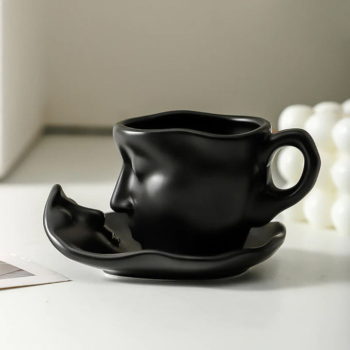 Metall Berørende Ansikt Kreativ Keramikk Kyss Kaffe Kopp, Kunstnerisk Stemning Mugge & Underkop Sett | Luvikno