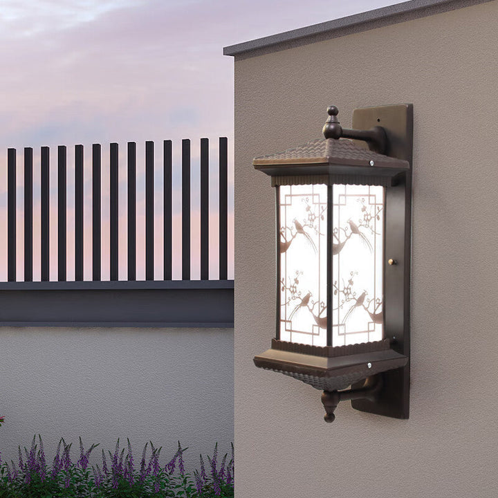 Tradisjonell kinesisk rektangulær aluminiums glass solcelle LED vegglampe for hage | Luvikno
