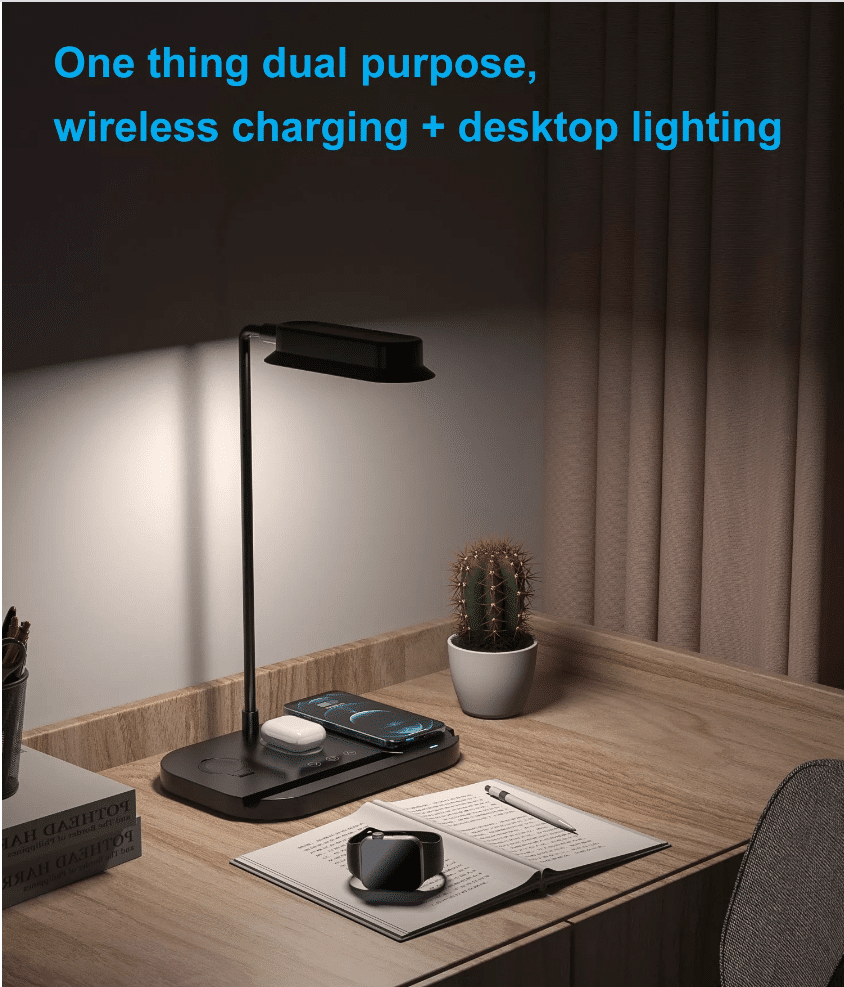 LED bordlampe med dimmer og trådløs lader for smarttelefoner (4-i-1) | Luvikno