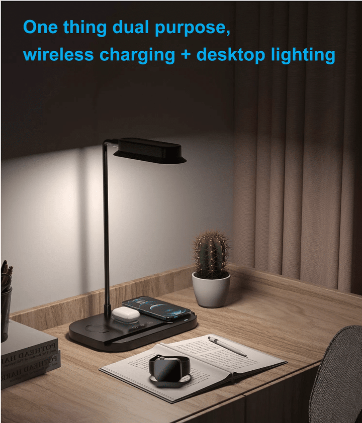 LED bordlampe med dimmer og trådløs lader for smarttelefoner (4-i-1) | Luvikno