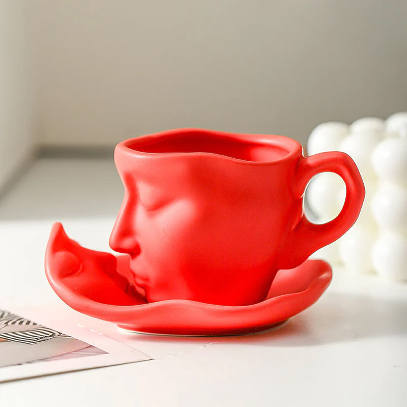 Metall Berørende Ansikt Kreativ Keramikk Kyss Kaffe Kopp, Kunstnerisk Stemning Mugge & Underkop Sett | Luvikno