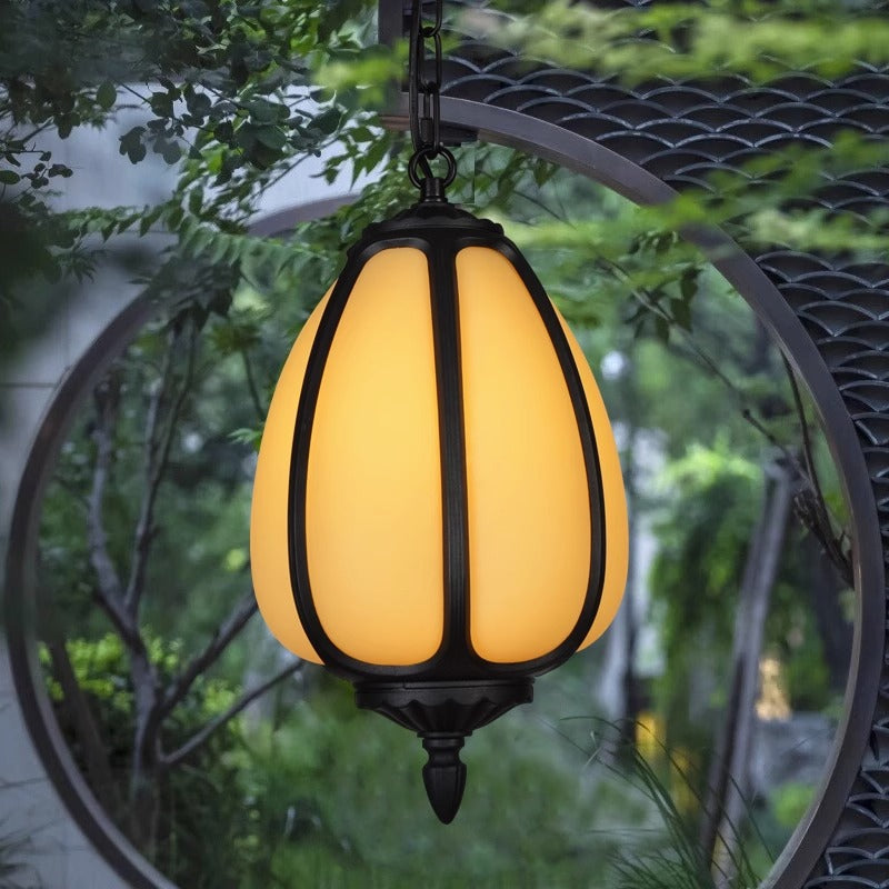Tradisjonell kinesisk vanntett aluminium PC dolomitt elliptisk gresskar 1-lampe pendellampe for utendørs terrasse | Luvikno