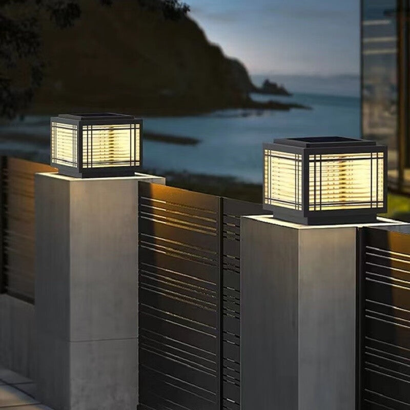 Tradisjonelt kinesisk kvadrat aluminium glass 1-lampe post hode lys for hage | Luvikno
