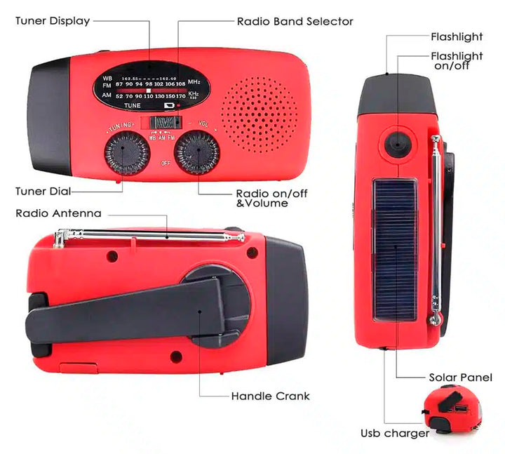 Nød radio FM/AM med integrerte solceller, lommelykt, powerbank & håndsveiv | Luvikno