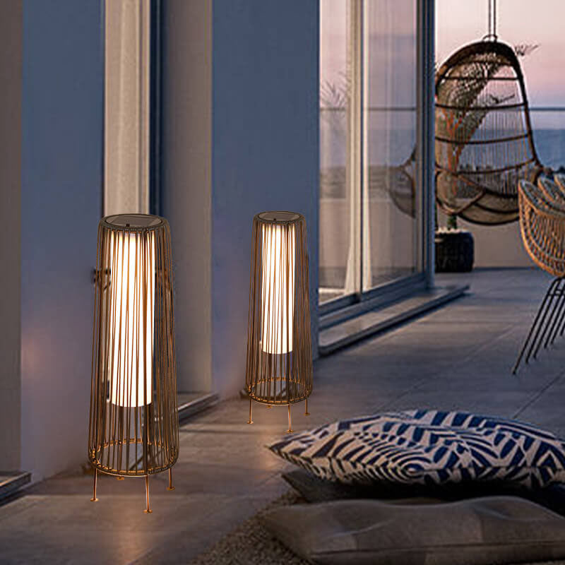 Moderne Shabby Chic Sol Runde Trapezoid Jern Rattan Wicker LED Utendørs Lys For Utendørs Patio | Luvikno