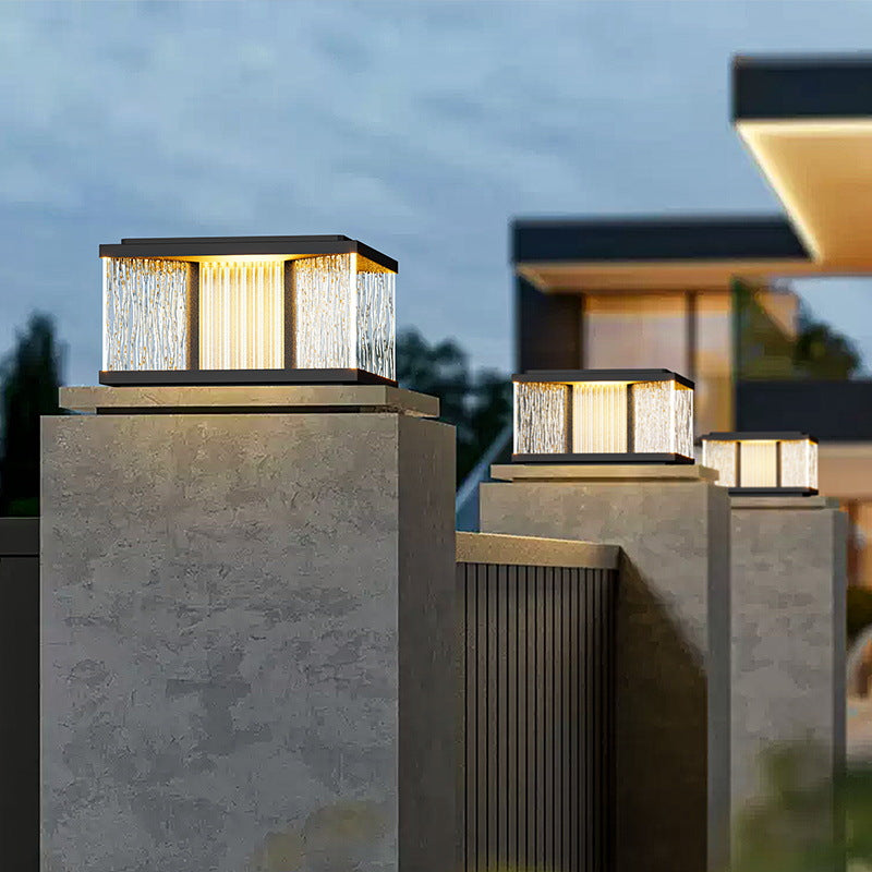 Moderne Enkelhet Aluminium Firkantet Vannbølget Glass LED Vanntett Sol Post Lampe Plen Lys For Hage | Luvikno