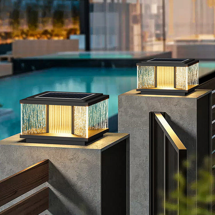 Moderne Enkelhet Aluminium Firkantet Vannbølget Glass LED Vanntett Sol Post Lampe Plen Lys For Hage | Luvikno