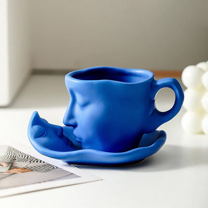 Metall Berørende Ansikt Kreativ Keramikk Kyss Kaffe Kopp, Kunstnerisk Stemning Mugge & Underkop Sett | Luvikno