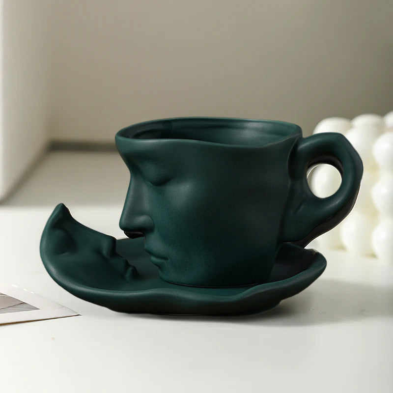 Metall Berørende Ansikt Kreativ Keramikk Kyss Kaffe Kopp, Kunstnerisk Stemning Mugge & Underkop Sett | Luvikno