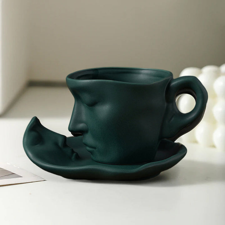 Metall Berørende Ansikt Kreativ Keramikk Kyss Kaffe Kopp, Kunstnerisk Stemning Mugge & Underkop Sett | Luvikno