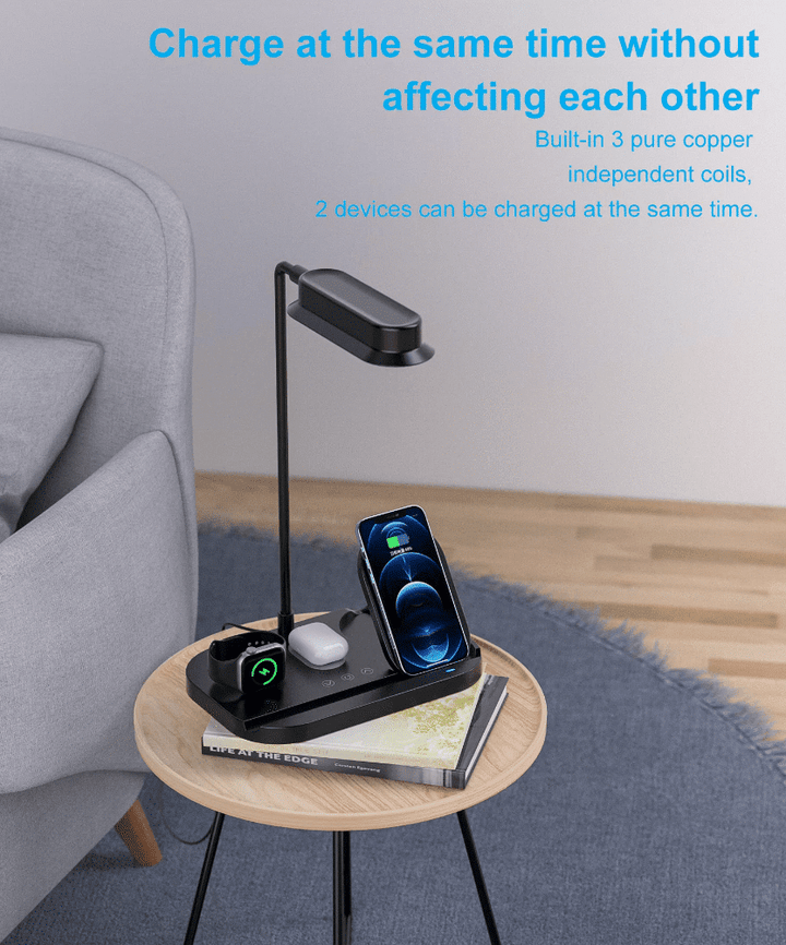 LED bordlampe med dimmer og trådløs lader for smarttelefoner (4-i-1) | Luvikno