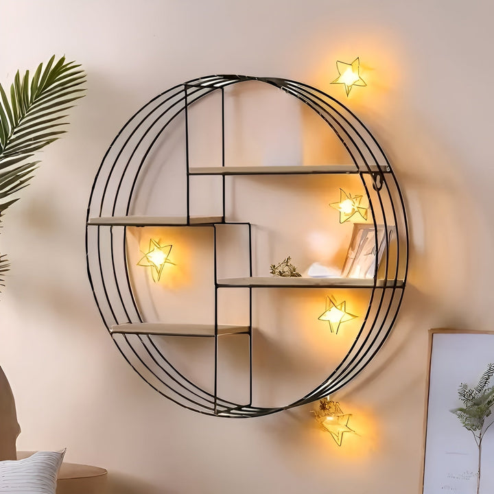 Rund Vegg hylle med 4 nivåer - Retro design laget av tre og metall | Dekorativ hengende hylle for stue, bad og soverom | Luvikno