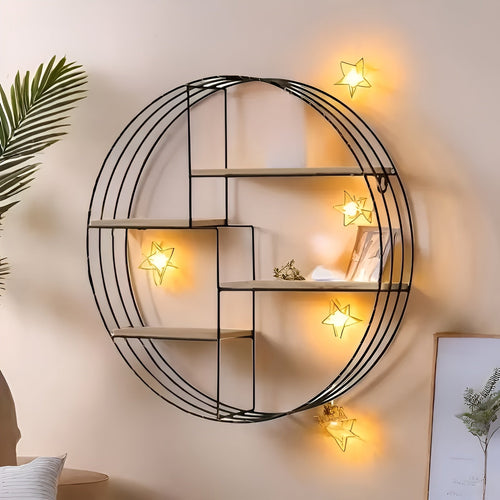 Rund Vegg hylle med 4 nivåer - Retro design laget av tre og metall | Dekorativ hengende hylle for stue, bad og soverom | Luvikno