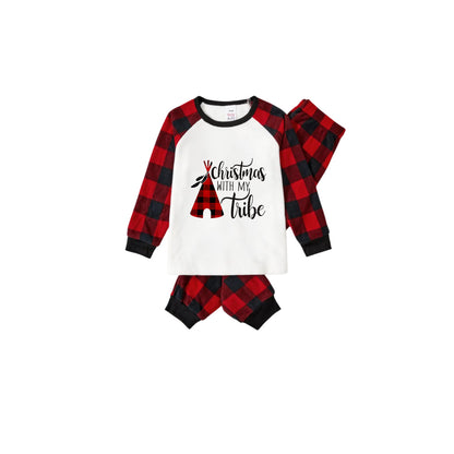 Luvik | "Christmas With My Tribe" Kuosi Valkoinen Pitkä Hiha Musta-Punainen Ruudullinen Housut Perhe Yhteensopivat Pyjamat