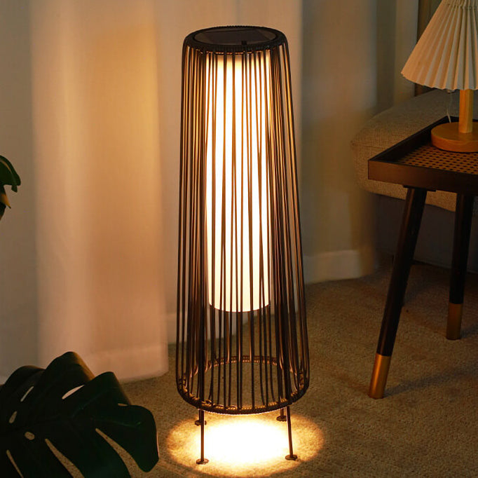 Moderne Minimalistiske Solvannavvisende Runde Vertikale Trekkstrippe Jern Rattan LED Stående Gulvlampe For Utendørs Patio | Luvikno