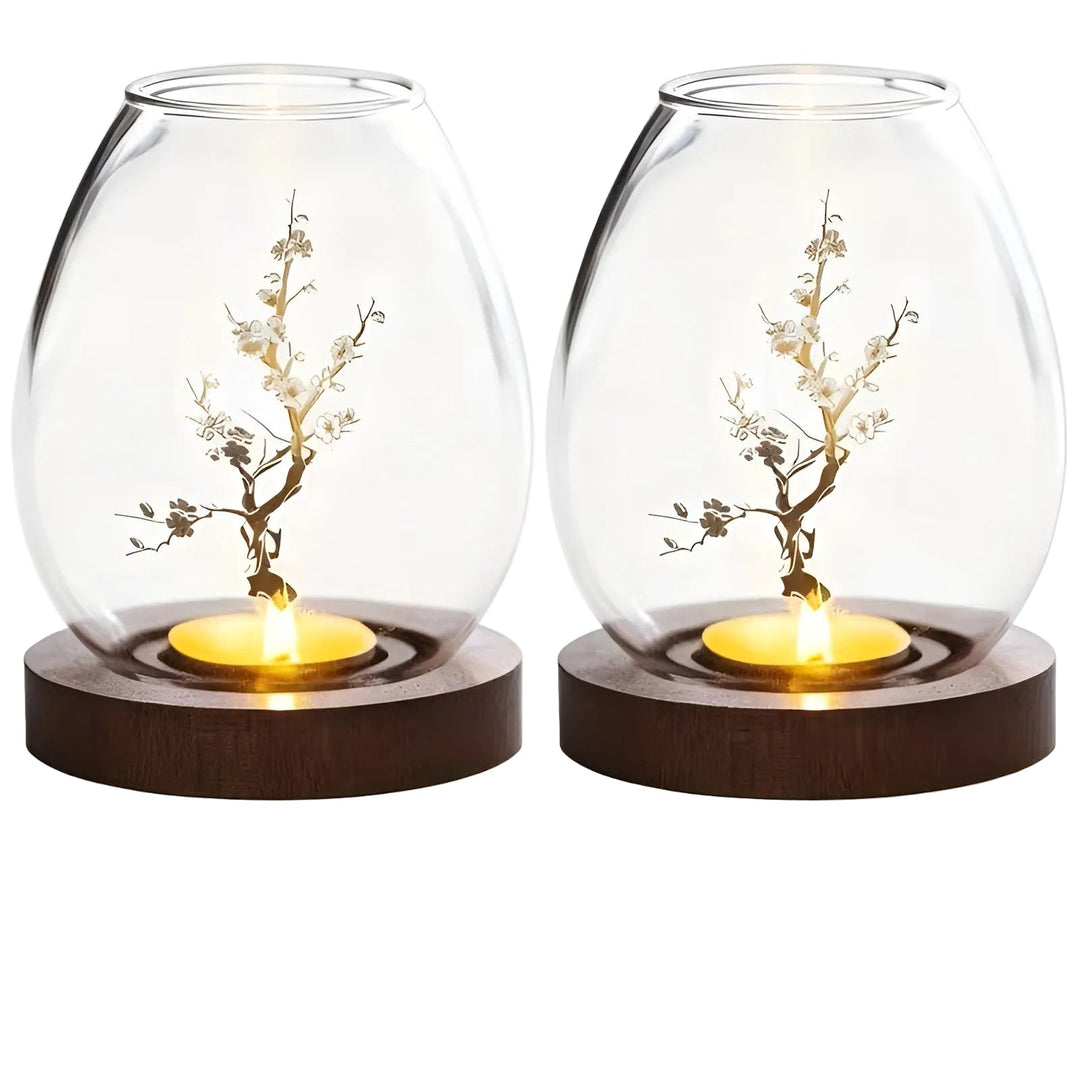 2-delt sett glasskandelholdere med tresokkel - dekorativ i retro zen-stil | perfekt for stue, borddekorasjon og utendørs | Luvikno